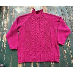 Priority Vintage Magenta Pink Cable Knit Mock Neck Sweater Ramie Cotton Blend M